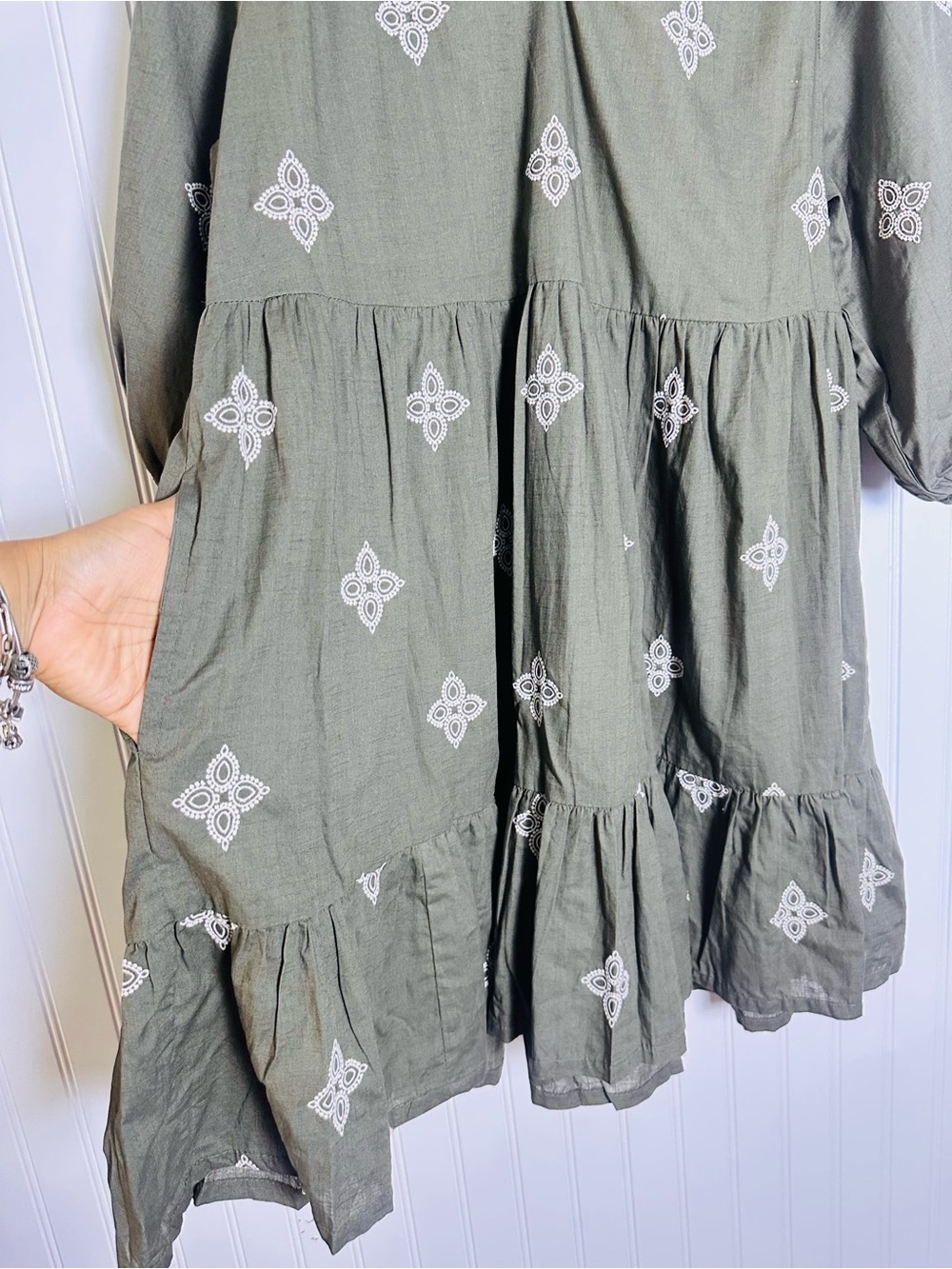 MIRA Cotton Gauze Olive Green Embroidered Tiered Dress  XXL 3/4 puffed sleeves - Picture 7 of 10